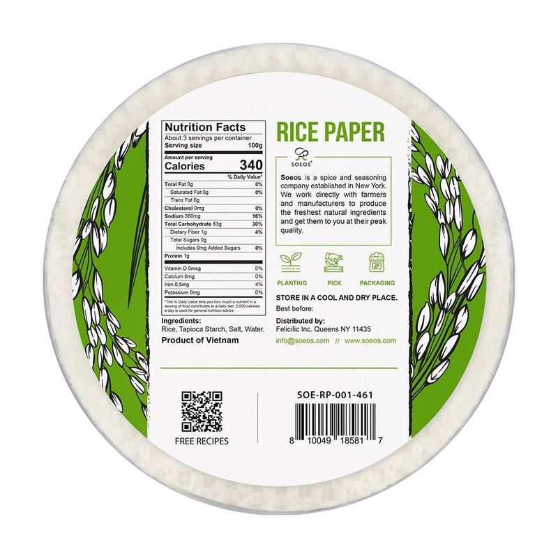 Soeos Rice Paper, White Rice Paper Wrappers, 1 Pack, 34 Sheets-Fresh Spring Roll Wrappers & Dumplings, Non-GMO, Gluten-Free, Low Carb, Vietnamese Rice Wraps (Round, 22cm) - Image 2